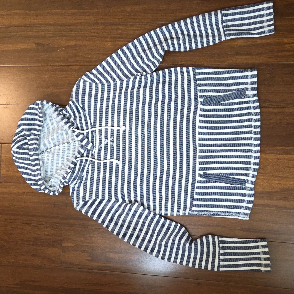 J. CREW BLUE & WHITE STRIPED NAUTICAL HOODIE SWEATSHIRT POCKETS XS